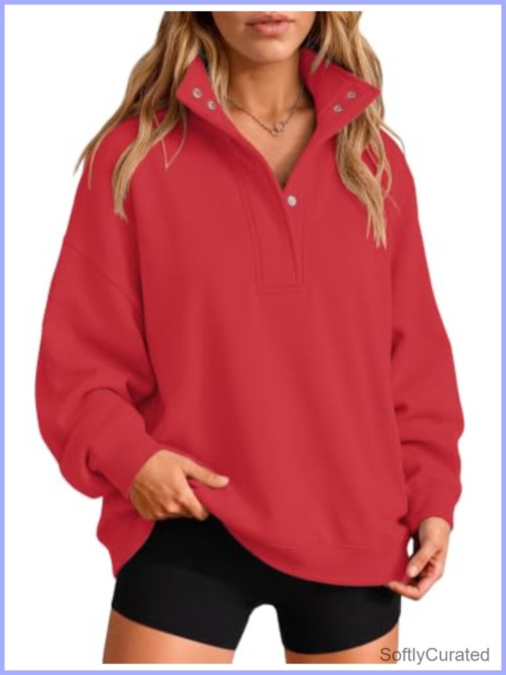 Women's Henley Mock Neck Sweatshirt Cotton Fleece Pullover Snap Button